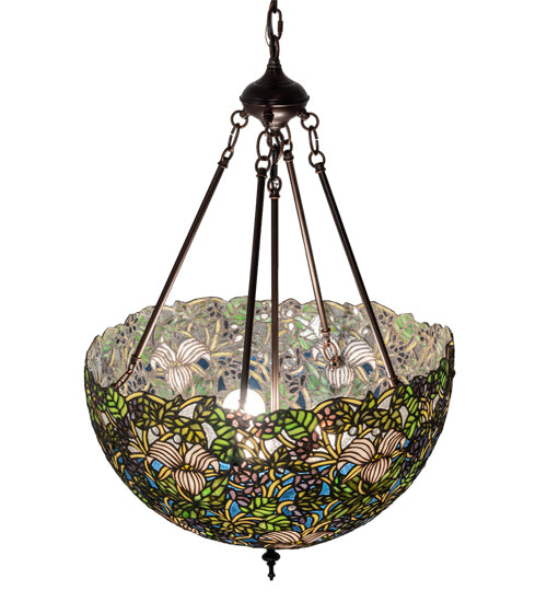 Meyda Lighting Trillium & Violet 20" 3-Light Mahogany Bronze Inverted Pendant Light With Multi-Colored Shade Glass