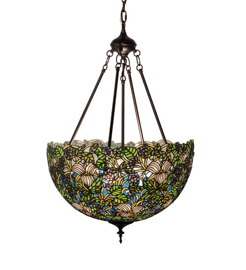 Meyda Lighting Trillium & Violet 20" 3-Light Mahogany Bronze Inverted Pendant Light With Multi-Colored Shade Glass