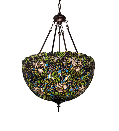 Meyda Lighting Trillium & Violet 20" 3-Light Mahogany Bronze Inverted Pendant Light With Multi-Colored Shade Glass