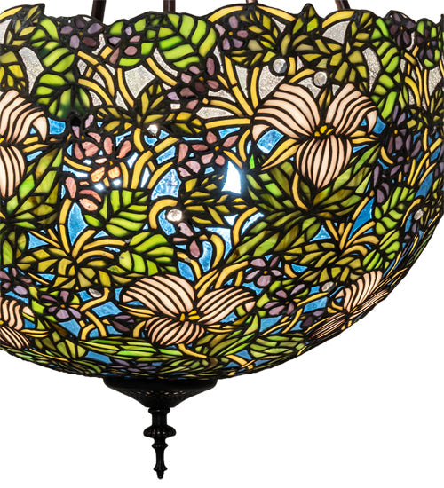 Meyda Lighting Trillium & Violet 20" 3-Light Mahogany Bronze Inverted Pendant Light With Multi-Colored Shade Glass