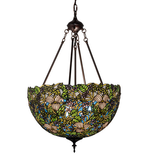 Meyda Lighting Trillium & Violet 20" 3-Light Mahogany Bronze Inverted Pendant Light With Multi-Colored Shade Glass