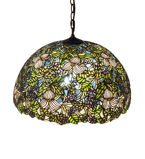 Meyda Lighting Trillium & Violet 20" 3-Light Mahogany Bronze Pendant Light With Multi-Colored Shade Glass