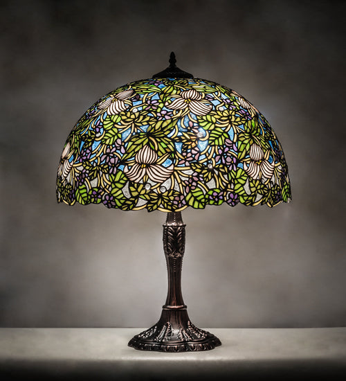 Meyda Lighting Trillium & Violet 26" 3-Light Mahogany Bronze Table Lamp With Multi-Colored Shade Glass