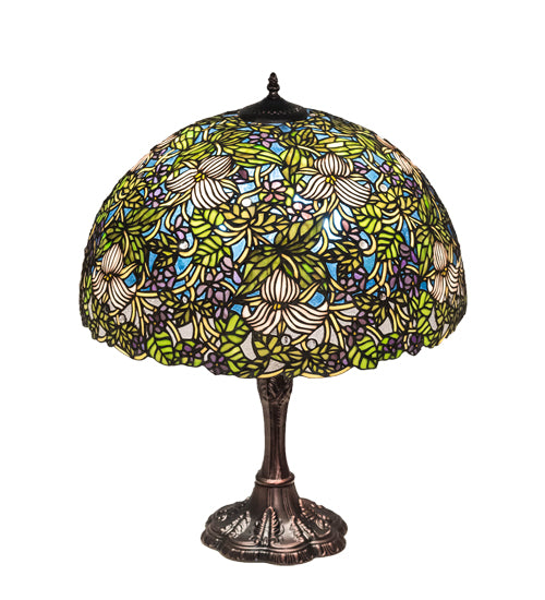 Meyda Lighting Trillium & Violet 26" 3-Light Mahogany Bronze Table Lamp With Multi-Colored Shade Glass