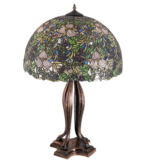 Meyda Lighting Trillium & Violet 30" 3-Light Mahogany Bronze Table Lamp With Multi-Colored Shade Glass