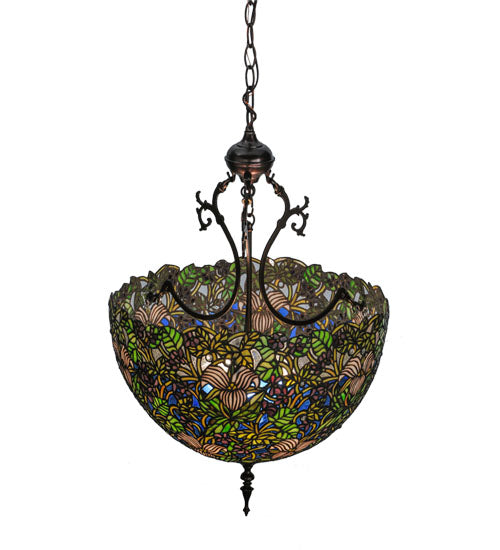 Meyda Lighting Trillium & Violet 52187 20" 3-Light Mahogany Bronze Inverted Pendant Light With Multi-Colored Shade Glass