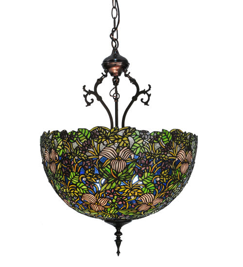 Meyda Lighting Trillium & Violet 52187 20" 3-Light Mahogany Bronze Inverted Pendant Light With Multi-Colored Shade Glass