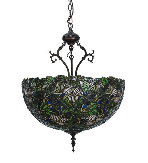 Meyda Lighting Trillium & Violet 52187 20" 3-Light Mahogany Bronze Inverted Pendant Light With Multi-Colored Shade Glass