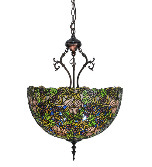Meyda Lighting Trillium & Violet 52187 20" 3-Light Mahogany Bronze Inverted Pendant Light With Multi-Colored Shade Glass