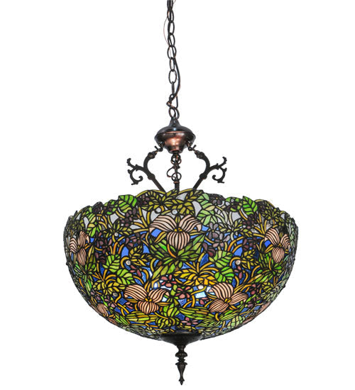 Meyda Lighting Trillium & Violet 52187 20" 3-Light Mahogany Bronze Inverted Pendant Light With Multi-Colored Shade Glass