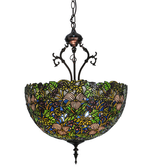 Meyda Lighting Trillium & Violet 52187 20" 3-Light Mahogany Bronze Inverted Pendant Light With Multi-Colored Shade Glass
