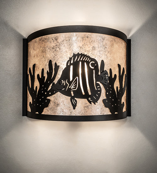 Meyda Lighting Tropical Fish 11" Textured Black Wall Sconce With Silver Mica Shade Glass