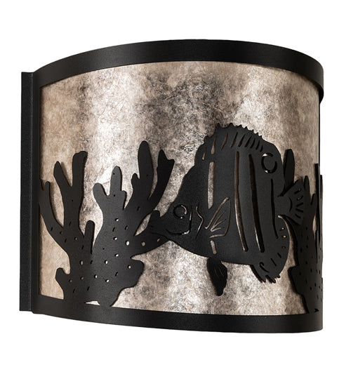 Meyda Lighting Tropical Fish 11" Textured Black Wall Sconce With Silver Mica Shade Glass