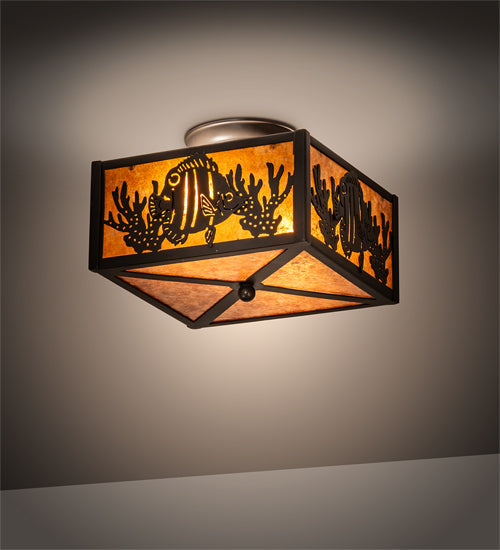 Meyda Lighting Tropical Fish 15" 2-Light Timeless Bronze Flush Mount Light With Amber Mica Shade Glass