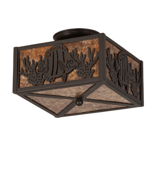 Meyda Lighting Tropical Fish 15" 2-Light Timeless Bronze Flush Mount Light With Amber Mica Shade Glass
