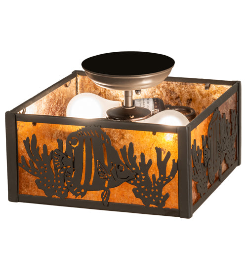 Meyda Lighting Tropical Fish 15" 2-Light Timeless Bronze Flush Mount Light With Amber Mica Shade Glass
