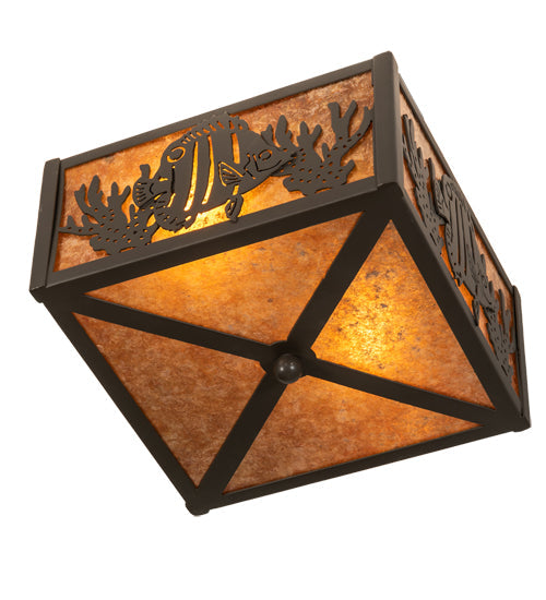 Meyda Lighting Tropical Fish 15" 2-Light Timeless Bronze Flush Mount Light With Amber Mica Shade Glass