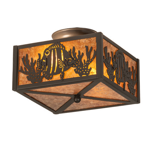 Meyda Lighting Tropical Fish 15" 2-Light Timeless Bronze Flush Mount Light With Amber Mica Shade Glass