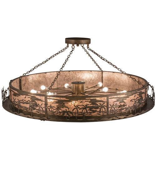 Meyda Lighting Tropical Floral 72" 12-Light Antique Copper Beach Inverted Pendant Light With Silver Mica Shade Glass