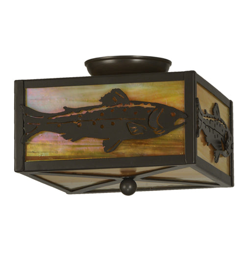 Meyda Lighting Trout 15" 2-Light Timeless Bronze Flush Mount Light With Beige Iridescent Art Shade Glass