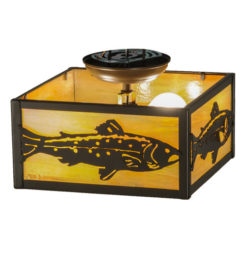 Meyda Lighting Trout 15" 2-Light Timeless Bronze Flush Mount Light With Beige Iridescent Art Shade Glass