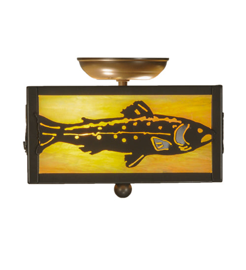 Meyda Lighting Trout 15" 2-Light Timeless Bronze Flush Mount Light With Beige Iridescent Art Shade Glass