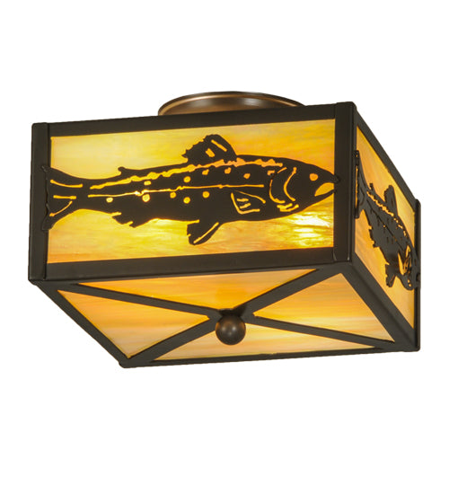 Meyda Lighting Trout 15" 2-Light Timeless Bronze Flush Mount Light With Beige Iridescent Art Shade Glass