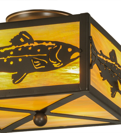 Meyda Lighting Trout 15" 2-Light Timeless Bronze Flush Mount Light With Beige Iridescent Art Shade Glass