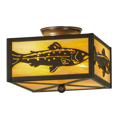 Meyda Lighting Trout 15" 2-Light Timeless Bronze Flush Mount Light With Beige Iridescent Art Shade Glass