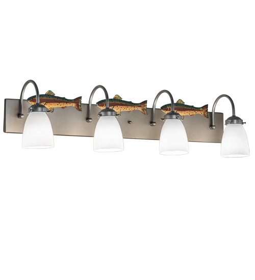 Meyda Lighting Trout 33" 4-Light Nickel and Painted Trout Vanity Light With White Shade Glass