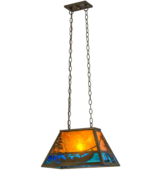 Meyda Lighting Trout & Fisherman 19" Antique Copper Island Pendant Light With Blue & Amber Mica Shade Glass