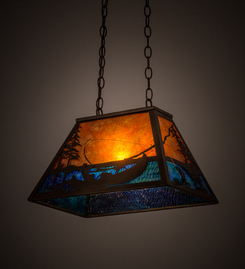 Meyda Lighting Trout & Fisherman 19" Antique Copper Island Pendant Light With Blue & Amber Mica Shade Glass