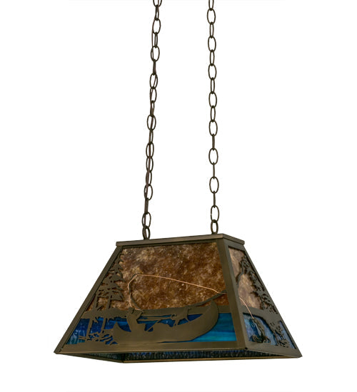Meyda Lighting Trout & Fisherman 19" Antique Copper Island Pendant Light With Blue & Amber Mica Shade Glass