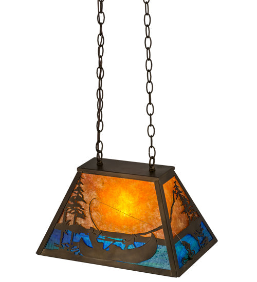 Meyda Lighting Trout & Fisherman 19" Antique Copper Island Pendant Light With Blue & Amber Mica Shade Glass