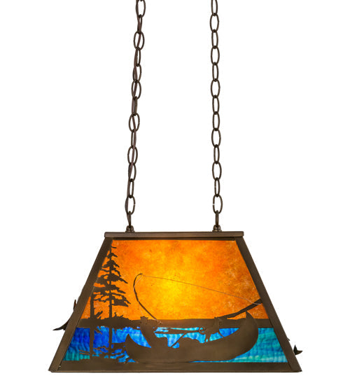 Meyda Lighting Trout & Fisherman 19" Antique Copper Island Pendant Light With Blue & Amber Mica Shade Glass