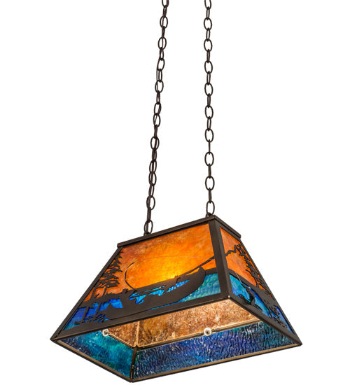 Meyda Lighting Trout & Fisherman 19" Antique Copper Island Pendant Light With Blue & Amber Mica Shade Glass
