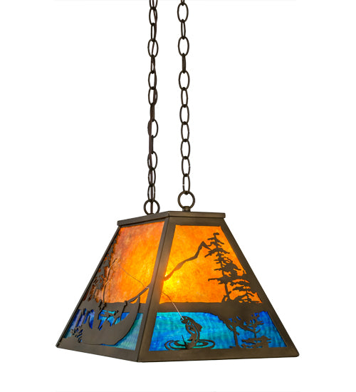Meyda Lighting Trout & Fisherman 19" Antique Copper Island Pendant Light With Blue & Amber Mica Shade Glass