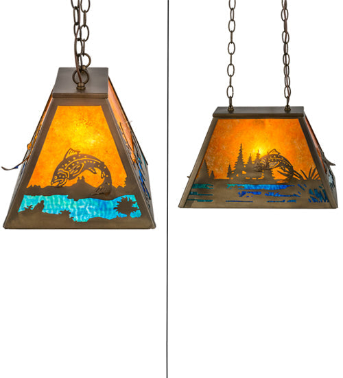 Meyda Lighting Trout & Fisherman 19" Antique Copper Island Pendant Light With Blue & Amber Mica Shade Glass
