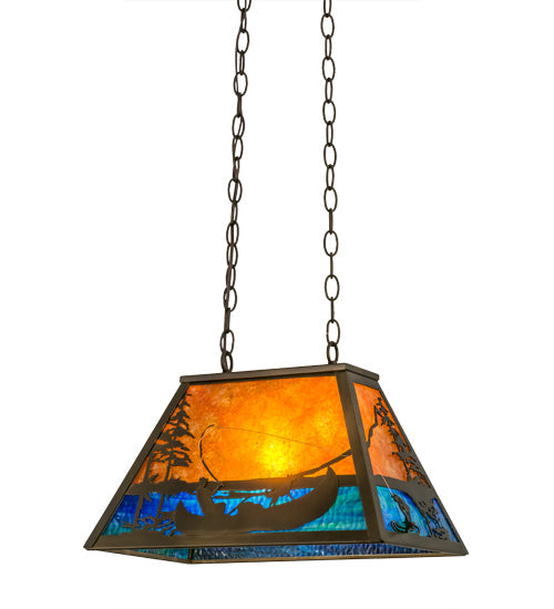 Meyda Lighting Trout & Fisherman 19" Antique Copper Island Pendant Light With Blue & Amber Mica Shade Glass