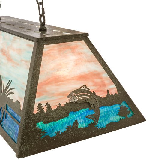 Meyda Lighting Trout & Fisherman 196601 42" 6-Light Weathered Brass Island Pendant Light With Orange & Blue Shade Glass