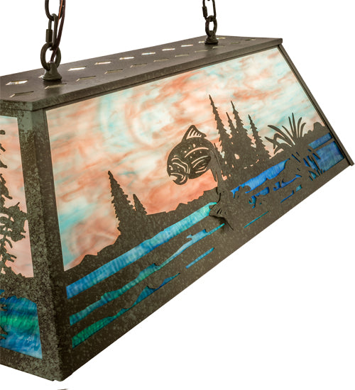 Meyda Lighting Trout & Fisherman 196601 42" 6-Light Weathered Brass Island Pendant Light With Orange & Blue Shade Glass