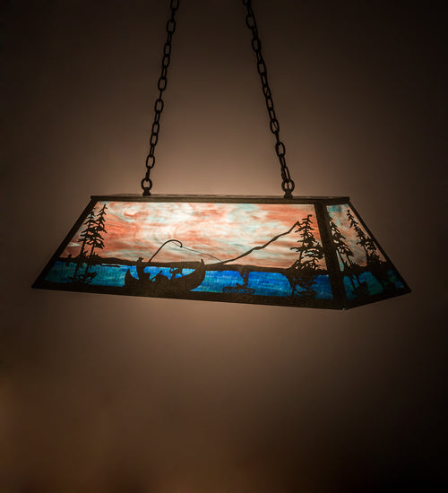 Meyda Lighting Trout & Fisherman 196601 42" 6-Light Weathered Brass Island Pendant Light With Orange & Blue Shade Glass