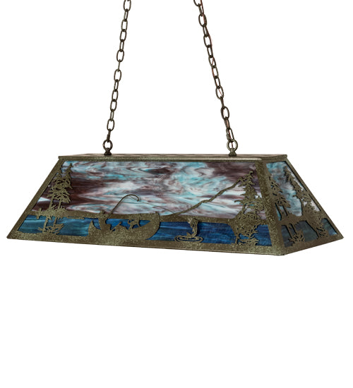 Meyda Lighting Trout & Fisherman 196601 42" 6-Light Weathered Brass Island Pendant Light With Orange & Blue Shade Glass