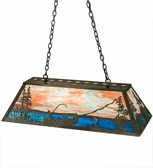 Meyda Lighting Trout & Fisherman 196601 42" 6-Light Weathered Brass Island Pendant Light With Orange & Blue Shade Glass