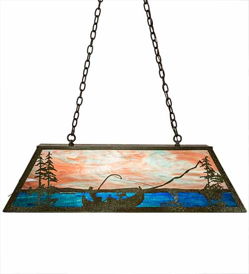 Meyda Lighting Trout & Fisherman 196601 42" 6-Light Weathered Brass Island Pendant Light With Orange & Blue Shade Glass