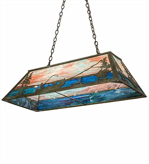 Meyda Lighting Trout & Fisherman 196601 42" 6-Light Weathered Brass Island Pendant Light With Orange & Blue Shade Glass