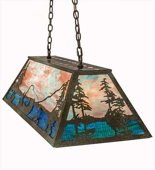 Meyda Lighting Trout & Fisherman 196601 42" 6-Light Weathered Brass Island Pendant Light With Orange & Blue Shade Glass
