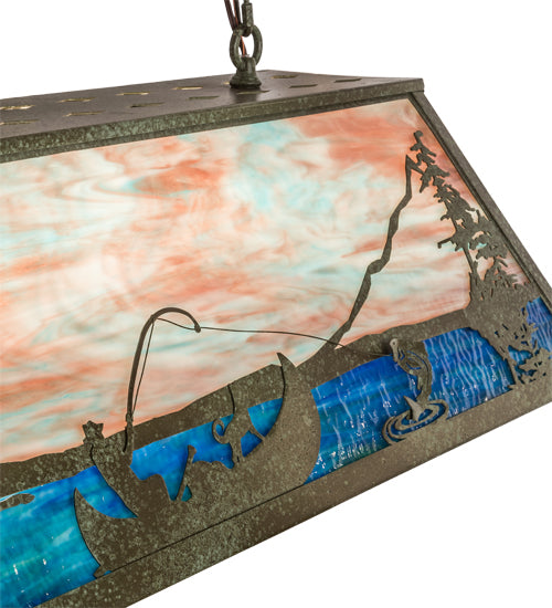 Meyda Lighting Trout & Fisherman 196601 42" 6-Light Weathered Brass Island Pendant Light With Orange & Blue Shade Glass