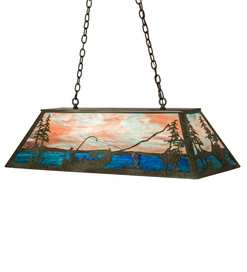 Meyda Lighting Trout & Fisherman 196601 42" 6-Light Weathered Brass Island Pendant Light With Orange & Blue Shade Glass