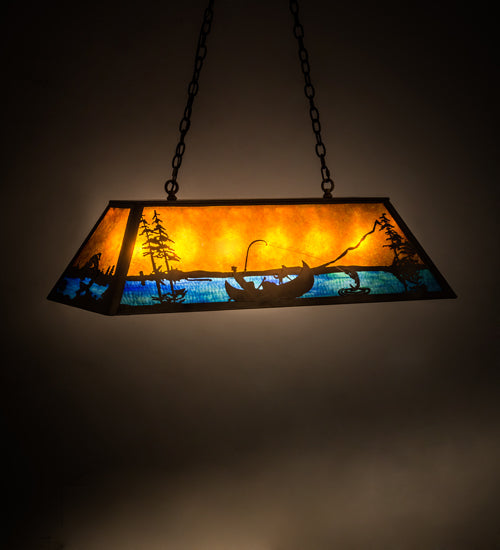 Meyda Lighting Trout & Fisherman 42" 6-Light Antique Copper Island Pendant Light With Amber Mica & Blue Shade Glass